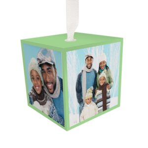 Cube photo ornament with ribbon for hanging on your tree displays multiple photos